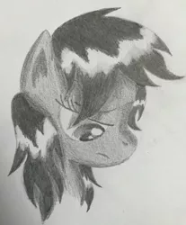 Size: 1024x1237 | Tagged: safe, artist:explosionmare, derpibooru import, scootaloo, pegasus, pony, fanfic:rainbow factory, absentia, alternate hairstyle, fanfic art, female, frown, gray background, image, jpeg, looking down, pegasus device, pencil drawing, sad, simple background, solo, traditional art