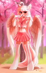 Size: 2000x3200 | Tagged: safe, alternate version, artist:zlatavector, derpibooru import, oc, oc:ophelia, unofficial characters only, anthro, hippogriff, blushing, cherry blossoms, clothes, cute, ear fluff, female, flower, flower blossom, image, japanese, large wings, long hair, long tail, moon runes, png, school uniform, smiling, solo, spread wings, tail, wings