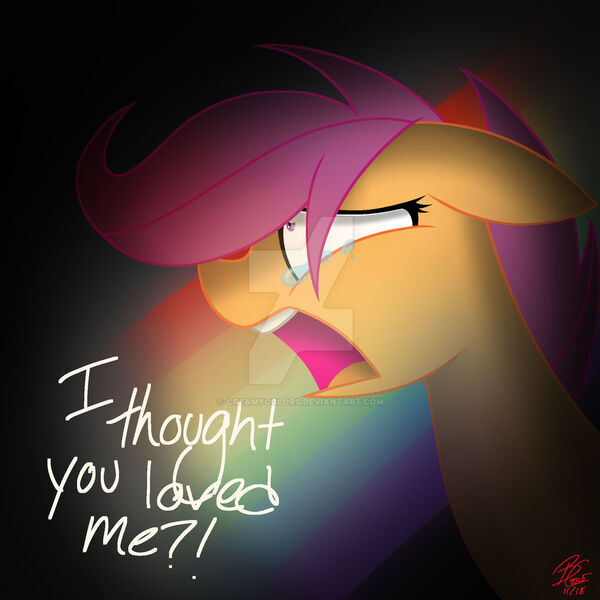 Size: 1024x1024 | Tagged: safe, artist:creamycolors, derpibooru import, scootaloo, fanfic:rainbow factory, absentia, crying, dialogue, fanfic art, floppy ears, image, jpeg, open mouth, rainbow, sad, signature, solo, tears of sadness, teeth, yelling