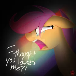 Size: 1024x1024 | Tagged: safe, artist:creamycolors, derpibooru import, scootaloo, fanfic:rainbow factory, absentia, crying, dialogue, fanfic art, floppy ears, image, jpeg, open mouth, rainbow, sad, signature, solo, tears of sadness, teeth, yelling