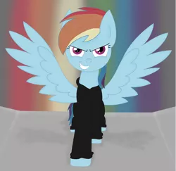 Size: 1024x997 | Tagged: safe, artist:bubbly-storm, derpibooru import, rainbow dash, pegasus, pony, fanfic:rainbow factory, 2015, black suit, evil, evil grin, fanfic art, grin, gritted teeth, image, liquid rainbow, looking at you, pegasus device, png, rainbow factory dash, smiling, spectra, spread wings, teeth, this will end in death, walking, walking towards you, wings