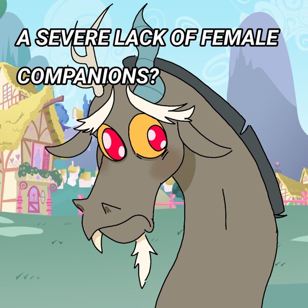 Size: 1378x1378 | Tagged: safe, derpibooru import, discord, draconequus, frown, image, jpeg, male, megamind, meme, no bitches?, ponified meme, ponyville, question, talking to viewer