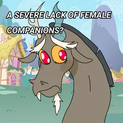 Size: 1378x1378 | Tagged: safe, derpibooru import, discord, draconequus, frown, image, jpeg, male, megamind, meme, no bitches?, ponified meme, ponyville, question, talking to viewer