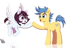 Size: 1719x1145 | Tagged: safe, artist:hibikiarts, derpibooru import, oc, oc:snowbi heart, unofficial characters only, earth pony, pegasus, pony, choker, duo, eye contact, female, image, looking at each other, looking at someone, male, mare, open mouth, open smile, png, simple background, smiling, stallion, white background