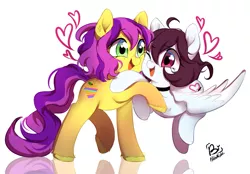 Size: 1321x919 | Tagged: safe, artist:hibikiarts, derpibooru import, oc, oc:snowbi heart, unofficial characters only, earth pony, pegasus, pony, duo, ear piercing, earring, eye contact, female, freckles, heart, hug, image, jewelry, looking at each other, looking at someone, mare, open mouth, open smile, piercing, png, simple background, smiling, unshorn fetlocks, white background