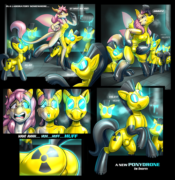 Size: 3000x3084 | Tagged: questionable, artist:redflare500, derpibooru import, oc, pony, absurd resolution, boots, breasts, clothes, comic, crotch bulge, decal, dialogue, drone, female, female to male, furry, furry oc, glow, glowing eyes, hazmat pony drone, huff, image, laboratory, latex, latex suit, male, muffled moaning, null, onomatopoeia, png, rubber drone, rule 63, shoes, stallion, transformation, transgender transformation