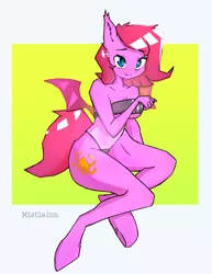 Size: 533x692 | Tagged: suggestive, artist:mistleinn, derpibooru import, oc, anthro, bat pony, blue eyes, clothes, commission, female, gris swimsuit, image, jpeg, one-piece swimsuit, pink hair, see-through, simple background, solo, swimsuit, wings