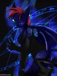 Size: 960x1280 | Tagged: suggestive, artist:ailbhe_lewds, derpibooru import, oc, oc:shrapnel, unofficial characters only, anthro, demon, succubus, demon wings, demonic aura, devil tail, ear piercing, image, jpeg, lip bite, looking at you, one eye closed, pentagram, piercing, tail, wings, wink