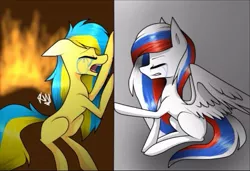 Size: 789x540 | Tagged: safe, derpibooru import, oc, oc:marussia, oc:ukraine, ponified, pony, crying, eyes closed, fire, image, jpeg, multicolored mane, nation ponies, russia, sad, ukraine