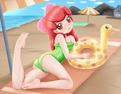 Size: 3189x2480 | Tagged: safe, artist:focusb, banned from derpibooru, apple bloom, human, beach, beach towel, clothes, female, floaty, humanized, image, jpeg, lolicon, looking at you, one-piece swimsuit, parasol (umbrella), smiling, solo, swimsuit, towel, underage