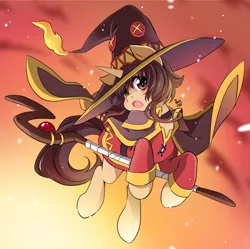 Size: 1486x1478 | Tagged: safe, artist:nekoshiei, derpibooru import, ponified, pony, unicorn, anime, female, hat, image, jpeg, konosuba, looking at you, mare, megumin, open mouth, solo, staff, witch hat