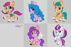 Size: 2631x1754 | Tagged: safe, artist:dandy, derpibooru import, hitch trailblazer, izzy moonbow, pipp petals, sunny starscout, zipp storm, earth pony, pegasus, pony, unicorn, my little pony: a new generation, ;p, chest fluff, chibi, colored, cute, ear fluff, flat colors, g5, horn, image, looking at you, one eye closed, phone, png, smiling, tongue out, unshorn fetlocks, wings, wink