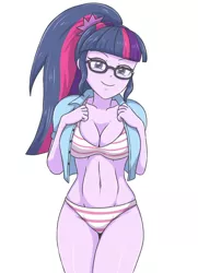 Size: 2100x2900 | Tagged: suggestive, artist:sumin6301, derpibooru import, sci-twi, twilight sparkle, equestria girls, belly button, bra, breasts, busty sci-twi, clothes, female, glasses, image, jpeg, looking at you, open clothes, panties, simple background, solo, solo female, striped underwear, stupid sexy sci-twi, underwear, white background