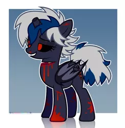 Size: 1720x1762 | Tagged: grimdark, alternate version, artist:beautifulspaceshow, derpibooru import, oc, oc:elizaglitch.exe, unofficial characters only, alicorn, bat pony, bat pony alicorn, pony, .exe, alicorn oc, bat pony oc, bat wings, black sclera, blood, broken horn, cut, fangs, female, grin, horn, image, mare, nosebleed, png, red eyes, smiling, solo, wings