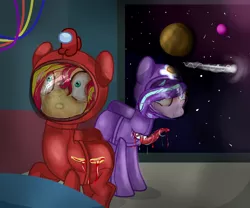 Size: 3600x3000 | Tagged: grimdark, artist:c1trine, artist:liratn, derpibooru import, starlight glimmer, sunset shimmer, alien, pony, unicorn, among us, astronaut, blood, bloodshot eyes, body horror, clothes, commission, crewmate, crying, cut, drool, egg, fangs, image, impostor, planet, png, raised hoof, space, spaceship, spacesuit, stars, table, tears of pain, this will end in death, tongue out, torn clothes, ych result