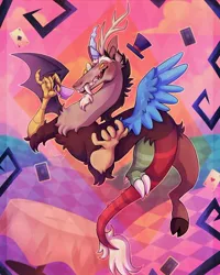 Size: 1080x1351 | Tagged: safe, artist:maxime_owo, derpibooru import, discord, draconequus, abstract background, chaos, cup, digital art, discorded landscape, drawing, hat, image, jpeg, looking at you, monocle, monocle and top hat, playing card, red eyes, solo, teacup, top hat