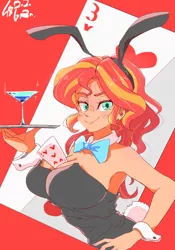 Size: 700x1000 | Tagged: source needed, suggestive, artist:sozglitch, derpibooru import, sunset shimmer, human, equestria girls, between breasts, big breasts, breasts, bunny suit, busty sunset shimmer, casino, clothes, cocktail glass, hand on hip, humanized, image, jpeg, looking at you, martini glass, playing card, smiling, smiling at you, smug