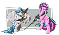 Size: 3159x1898 | Tagged: safe, artist:otkurzacz, derpibooru import, oc, unofficial characters only, pegasus, pony, unicorn, awp, bipedal, counter-strike, gun, image, looking at you, png, simple background, transparent background, weapon