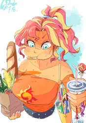 Size: 700x1000 | Tagged: source needed, safe, artist:sozglitch, derpibooru import, sunset shimmer, equestria girls, bags, baguette, big breasts, bread, breasts, busty sunset shimmer, candies, candy, chips, clothes, drink, eating, food, groceries, image, jpeg, lollipop, open mouth, potato chips, soda, studded belt, sweat, tied hair, tube top