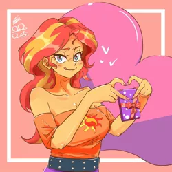 Size: 1000x1000 | Tagged: source needed, safe, artist:sozglitch, derpibooru import, sunset shimmer, equestria girls, breasts, busty sunset shimmer, cleavage, gift wrapped, heart, heart hands, heart sign, image, jpeg, looking at you, smiling, smiling at you, studded belt, tongue out