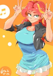 Size: 700x1000 | Tagged: source needed, safe, artist:sozglitch, derpibooru import, sunset shimmer, human, bolero jacket, clothes, dress, female, humanized, image, jpeg, looking at you, music notes, peace sign, smiling, smiling at you, smirk