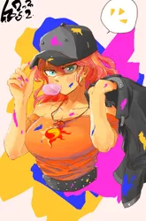 Size: 661x1000 | Tagged: source needed, safe, artist:sozglitch, derpibooru import, sunset shimmer, equestria girls, baseball cap, bubblegum, cap, clothes, female, food, geode of empathy, gum, hat, image, jacket, jpeg, looking at you, magical geodes, paint stains, studded belt
