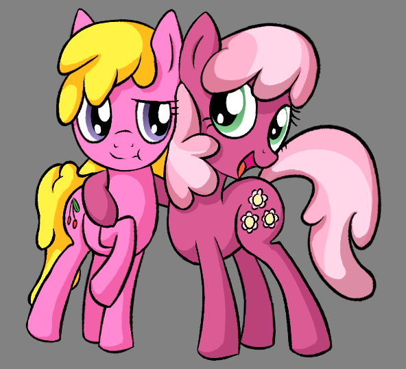 Size: 592x538 | Tagged: safe, artist:reconprobe, derpibooru import, cheerilee, cherry berry, earth pony, pony, :i, duo, female, gray background, hug, image, mare, one hoof raised, open smile, png, simple background