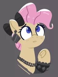 Size: 1851x2446 | Tagged: safe, artist:pabbley, derpibooru import, mayor mare, earth pony, pony, 80s mayor mare, bow, ear piercing, earring, female, frog (hoof), gray background, hair bow, image, jewelry, jpeg, looking up, mare, necklace, non-dyed mayor, piercing, simple background, solo, underhoof, younger