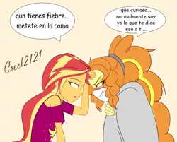 Size: 1280x1031 | Tagged: safe, artist:crock2121, derpibooru import, adagio dazzle, sunset shimmer, equestria girls, equestria girls series, spring breakdown, sunset's backstage pass!, spoiler:eqg series (season 2), blanket, clothes, comic, cruise outfit, dialogue, duo, duo female, female, image, jpeg, lesbian, mask, shipping, sick, simple background, spanish, sunsagio