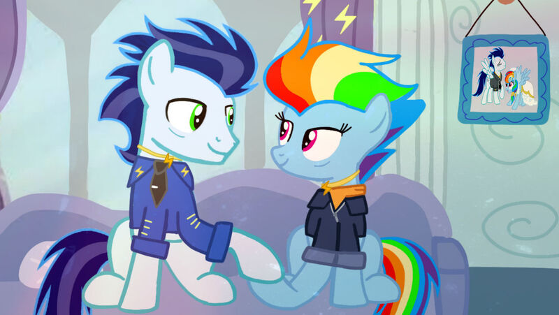 Size: 1280x721 | Tagged: safe, artist:mlplary6, derpibooru import, rainbow dash, soarin', pegasus, pony, the last problem, bride, clothes, dress, female, groom, image, jpeg, looking at each other, looking at someone, male, older, older rainbow dash, photo, shipping, smiling, soarindash, straight, wedding dress