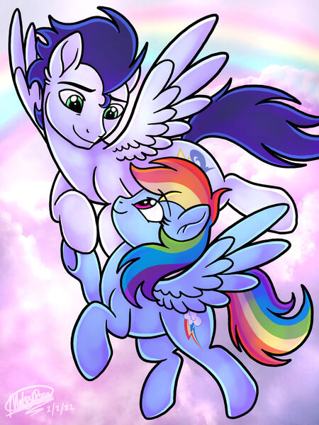 Size: 1600x2134 | Tagged: safe, artist:melspyrose, derpibooru import, rainbow dash, soarin', female, flying, hoof hold, image, jpeg, male, shipping, soarindash, straight