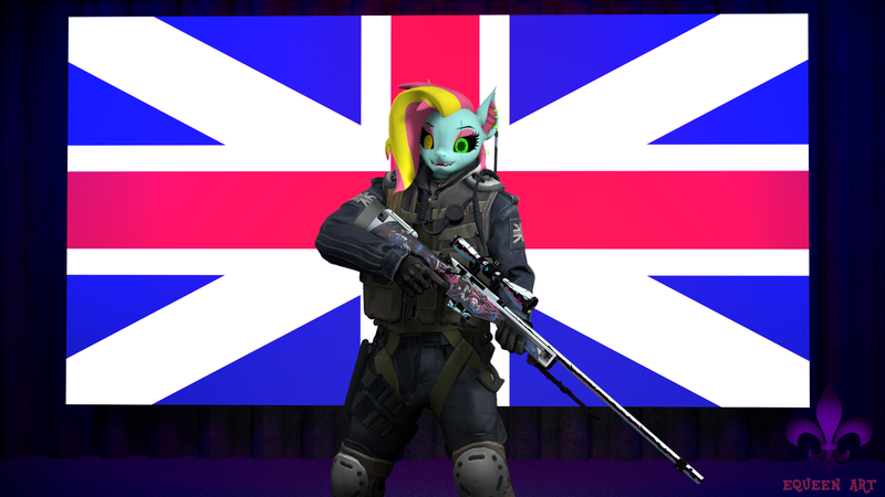 Size: 2560x1440 | Tagged: safe, artist:equeenart, derpibooru import, oc, oc:scarlettwinkle, anthro, 3d, awp, counter-strike: global offensive, england, female, flag, gift art, image, png, pose, s.a.s