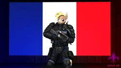 Size: 3840x2160 | Tagged: safe, artist:equeenart, derpibooru import, oc, oc:nikytaequeen, anthro, donkey, 3d, counter-strike: global offensive, famas, female, flag, france, g.i.g.n, gendarmerie, gun, image, png, pose, rifle, weapon