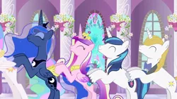 Size: 1280x720 | Tagged: safe, artist:mlp-silver-quill, derpibooru import, prince blueblood, princess cadance, princess celestia, princess luna, shining armor, after the fact, after the fact:keep calm and flutter on, bowtie, canterlot castle, conga line, crown, cute, cutedance, flower, image, imagine spot, jewelry, lunabetes, peytral, png, prince bluebetes, regalia, shining adorable