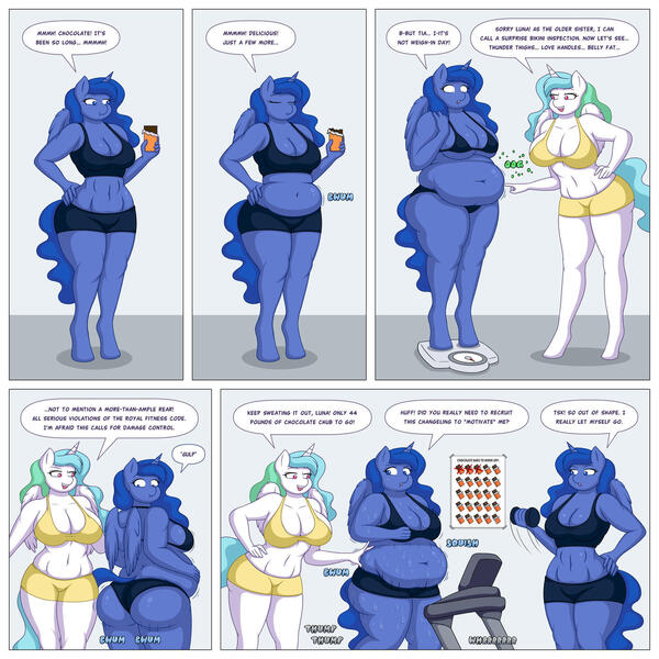 Size: 1600x1600 | Tagged: suggestive, artist:lordstormcaller, derpibooru import, princess celestia, princess luna, alicorn, anthro, unguligrade anthro, belly, belly button, breasts, busty princess celestia, busty princess luna, butt, chocolate, chubby, clothes, comic, diet, disguise, duo, duo female, exercise, fat, female, females only, fetish, food, image, jiggle, jpeg, muffin top, onomatopoeia, royal sisters, scale, shorts, siblings, sisters, sound effects, sports bra, sweat, teasing, thighs, thunder thighs, treadmill, weight gain, weight loss, weights, wide hips, workout