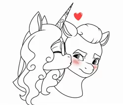 Size: 2377x2048 | Tagged: safe, derpibooru import, sprout cloverleaf, oc, ponified, earth pony, pony, unicorn, my little pony: a new generation, black and white, blushing, bust, comforting, curly hair, curly mane, embarrassed, eyebrows down, female, g5, glasses, grayscale, happy, heart, horn, image, jpeg, kiss on the cheek, kissing, lineart, male, mare, monochrome, persona, ponysona, shipping, stallion, straight, unicorn oc, wavy hair, wavy mane