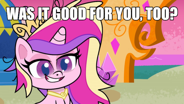 Size: 600x338 | Tagged: suggestive, derpibooru import, edit, edited screencap, screencap, princess cadance, alicorn, pony, my little pony: pony life, spoiler:pony life s02e17, caption, image, image macro, implied sex, messy mane, png, solo, text, what goes updo