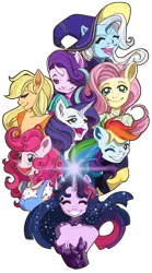 Size: 800x1439 | Tagged: safe, artist:monsterslayerbunny, derpibooru import, applejack, fluttershy, pinkie pie, rainbow dash, rarity, starlight glimmer, trixie, twilight sparkle, twilight sparkle (alicorn), alicorn, anthro, earth pony, pegasus, unicorn, accessory swap, crystal horn, glow, glowing horn, hat, horn, image, mane eight, mane six, png, simple background, the great and powerful, transparent background, vector, wingless, wingless alicorn, wingless anthro, wizard hat