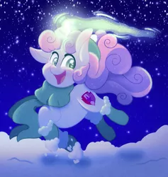 Size: 1583x1668 | Tagged: safe, artist:carouselunique, derpibooru import, sweetie belle, pony, unicorn, beanie, boots, clothes, cute, diasweetes, februpony, female, filly, foal, glow, glowing horn, happy, hat, horn, image, jpeg, looking at you, magic, night, open mouth, open smile, scarf, shoes, smiling, smiling at you, snow, solo, stars, winter
