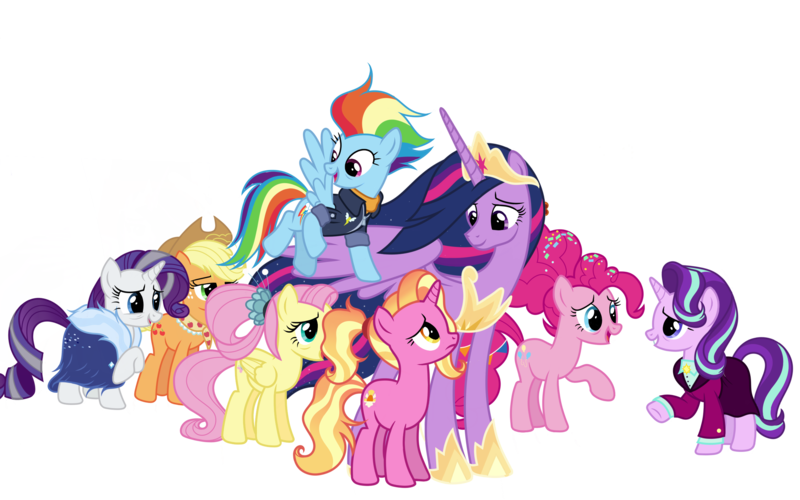 Size: 2560x1600 | Tagged: safe, artist:dawnflame, derpibooru import, applejack, fluttershy, luster dawn, pinkie pie, rainbow dash, rarity, starlight glimmer, twilight sparkle, pony, headmare starlight, image, mane six, older, older applejack, older fluttershy, older mane six, older pinkie pie, older rainbow dash, older rarity, older twilight, png, simple background, transparent background