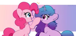 Size: 7112x3352 | Tagged: safe, artist:kittyrosie, derpibooru import, izzy moonbow, pinkie pie, earth pony, pony, unicorn, my little pony: a new generation, abstract background, absurd resolution, blushing, boop, cute, daaaaaaaaaaaw, diapinkes, duo, female, g5, happy, image, izzybetes, looking at each other, looking at someone, mare, open mouth, open smile, png, simple background, smiling