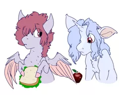 Size: 1280x987 | Tagged: safe, artist:honeypupdragon, derpibooru import, oc, oc:daydream, oc:moondust, unofficial characters only, pegasus, pony, unicorn, apple, colt, duo, foal, food, hair over one eye, hoof hold, image, jpeg, magical lesbian spawn, male, offspring, parent:derpy hooves, parent:rainbow dash, parent:trixie, parent:unknown, parents:derpydash, sandwich, simple background, white background