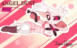 Size: 2560x1600 | Tagged: safe, artist:dawnflame, derpibooru import, ponified, earth pony, pony, semi-anthro, abstract background, angel dust, hazbin hotel, image, lying down, male, png, side, solo, toy gun