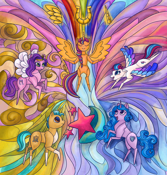 Size: 2365x2480 | Tagged: safe, artist:heatherberserker, derpibooru import, hitch trailblazer, izzy moonbow, pipp petals, sunny starscout, zipp storm, alicorn, earth pony, pegasus, pony, unicorn, my little pony: a new generation, eyes closed, female, flying, g5, high res, image, male, mane five (g5), mare, png, rearing, spread wings, stained glass window, stallion, sunnycorn, wings