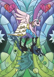 Size: 1748x2480 | Tagged: safe, artist:heatherberserker, derpibooru import, princess cadance, queen chrysalis, alicorn, changeling, changeling queen, pony, a canterlot wedding, clothes, dress, duo, female, image, mare, png, spread wings, stained glass window, wedding dress, wings
