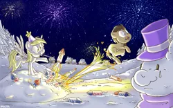 Size: 1280x800 | Tagged: safe, artist:imvicka, derpibooru import, derpy hooves, doctor whooves, time turner, earth pony, pegasus, pony, cute, derpabetes, duo, female, fireworks, happy new year, hat, holiday, image, male, mare, night, party hat, png, snow, snowpony, stallion, top hat