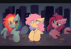 Size: 3300x2300 | Tagged: safe, artist:mirtash, derpibooru import, fluttershy, pinkie pie, rainbow dash, earth pony, pegasus, pony, fanfic:rainbow factory, alternate hair color, alternate universe, blood, blood stains, cheek fluff, chest fluff, ear fluff, fanfic art, female, fluffy, hoof fluff, image, looking at someone, mare, messy mane, multicolored hair, pinkamena diane pie, png, rainbow hair, scar, scared, skyscraper, trio, two toned mane, underhoof, wall, wings