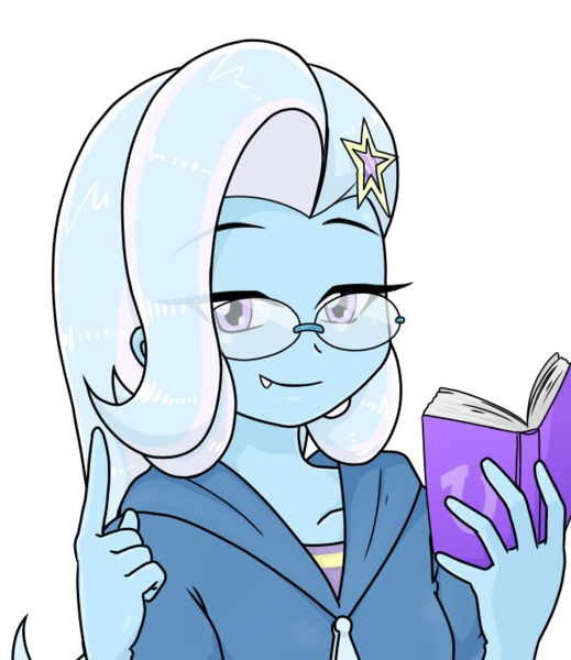 Size: 640x740 | Tagged: safe, alternate version, artist:batipin, derpibooru import, trixie, equestria girls, book, cute, cute little fangs, fangs, glasses, image, looking at you, png, simple background, smiling, solo, transparent background