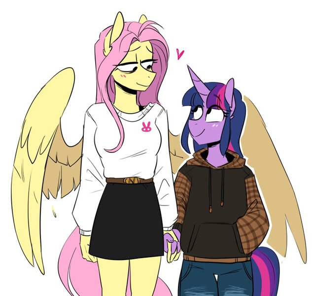 Size: 940x888 | Tagged: safe, artist:redxbacon, derpibooru import, fluttershy, twilight sparkle, anthro, pegasus, unicorn, blouse, blushing, clothes, female, heart, height difference, holding hands, hoodie, hug, image, jeans, jpeg, lesbian, lidded eyes, pants, shipping, simple background, skirt, smiling, spread wings, twishy, white background, winghug, wings