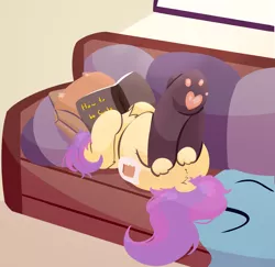 Size: 1654x1606 | Tagged: safe, artist:rhythmpixel, derpibooru import, oc, oc:paper bag, pony, blanket, cat socks, chest fluff, clothes, couch, dock, fake cutie mark, image, lineless, png, reading, socks, tail